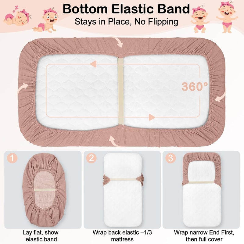 BeBeJoJo Baby Bassinet Sheets TPU Waterproof 2 Pack Soft Muslin Bedside Bassinet Mattress Sheets with Bottom Elastic Band for Baby Boy Girls Unisex Fit Hourglass Oval and Rectangle, Brown Flowers - Image 4